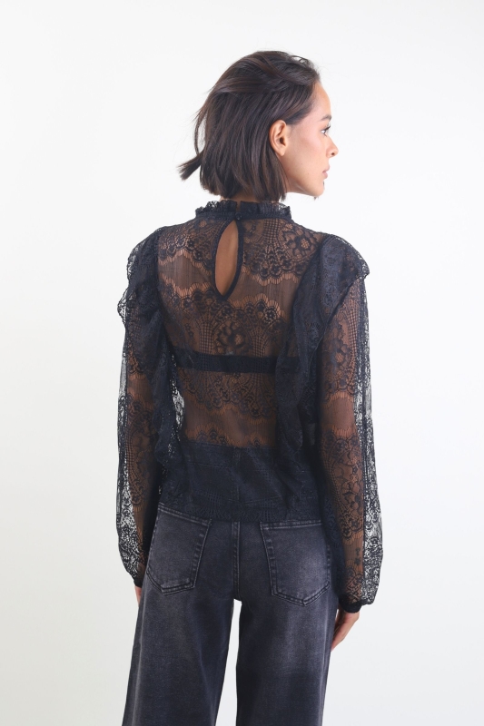 Schwarze Spitzenbluse mit Volants